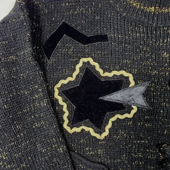 Vintage 80s Celestial Gold Sparkle Star Velvet Patch Mock Neck Sweater Womens L‎ - Picture 4 of 16